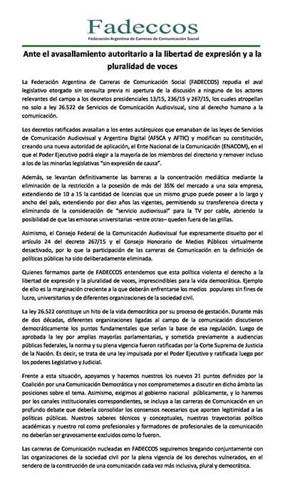 Leer declaración completa de Fadeccos Leer declaración completa de Fadeccos